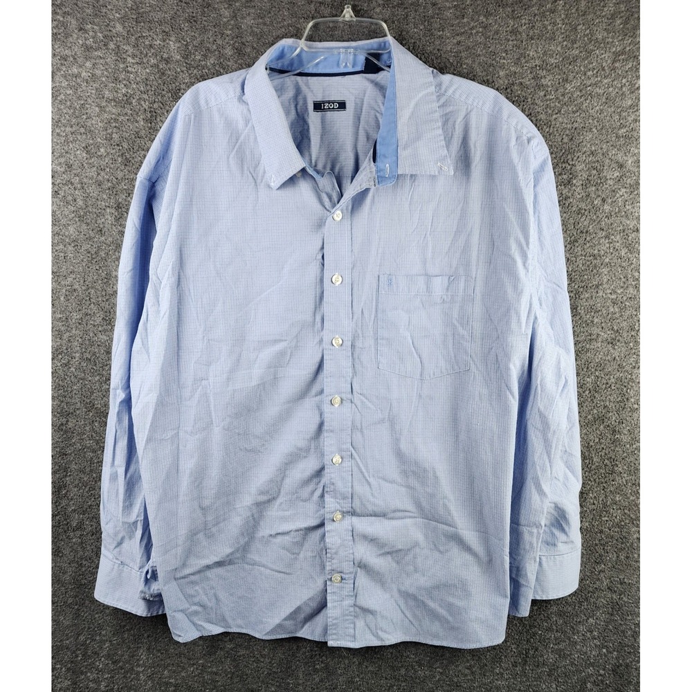Izod Shirt Mens 3XL Blue Micro-Check Long Sleeve Button-Down Stretch EUC